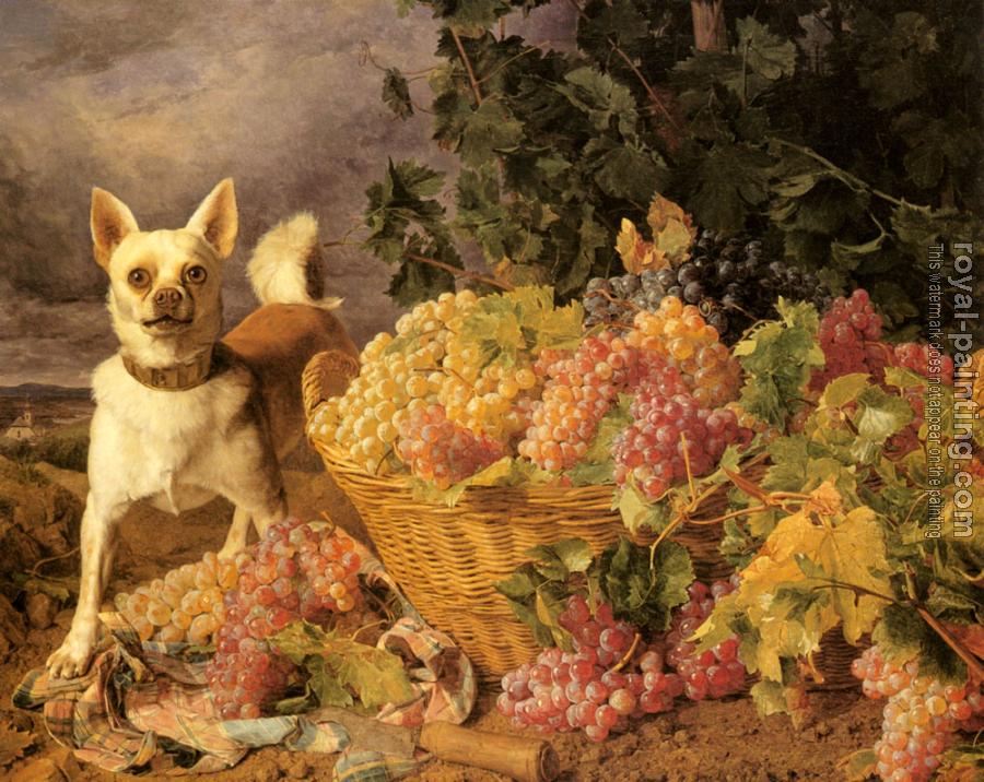 Ferdinand Georg Waldmuller : A Dog By A Basket Of Grapes In A Landscape